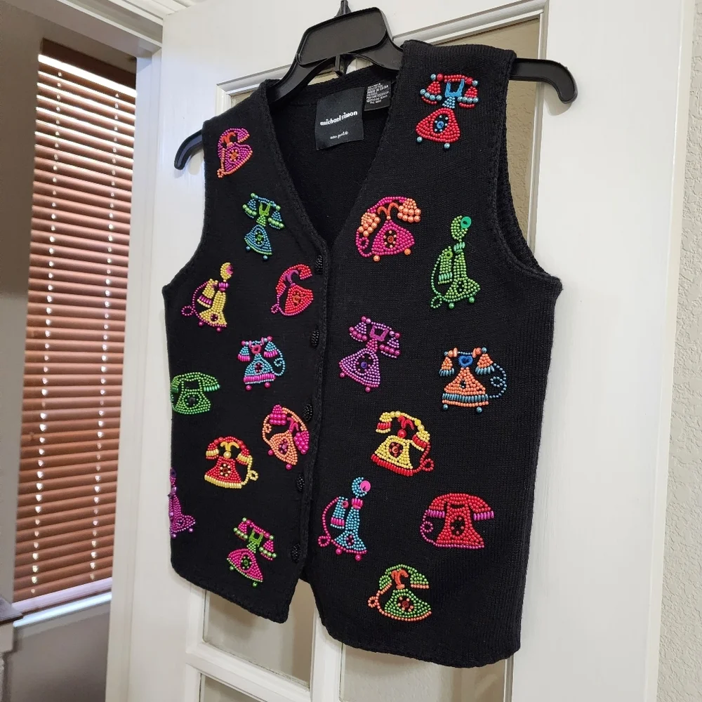 Vintage Michael Simon Beaded Telephone Vest Art Knit Whimsical Y2K READ DESC